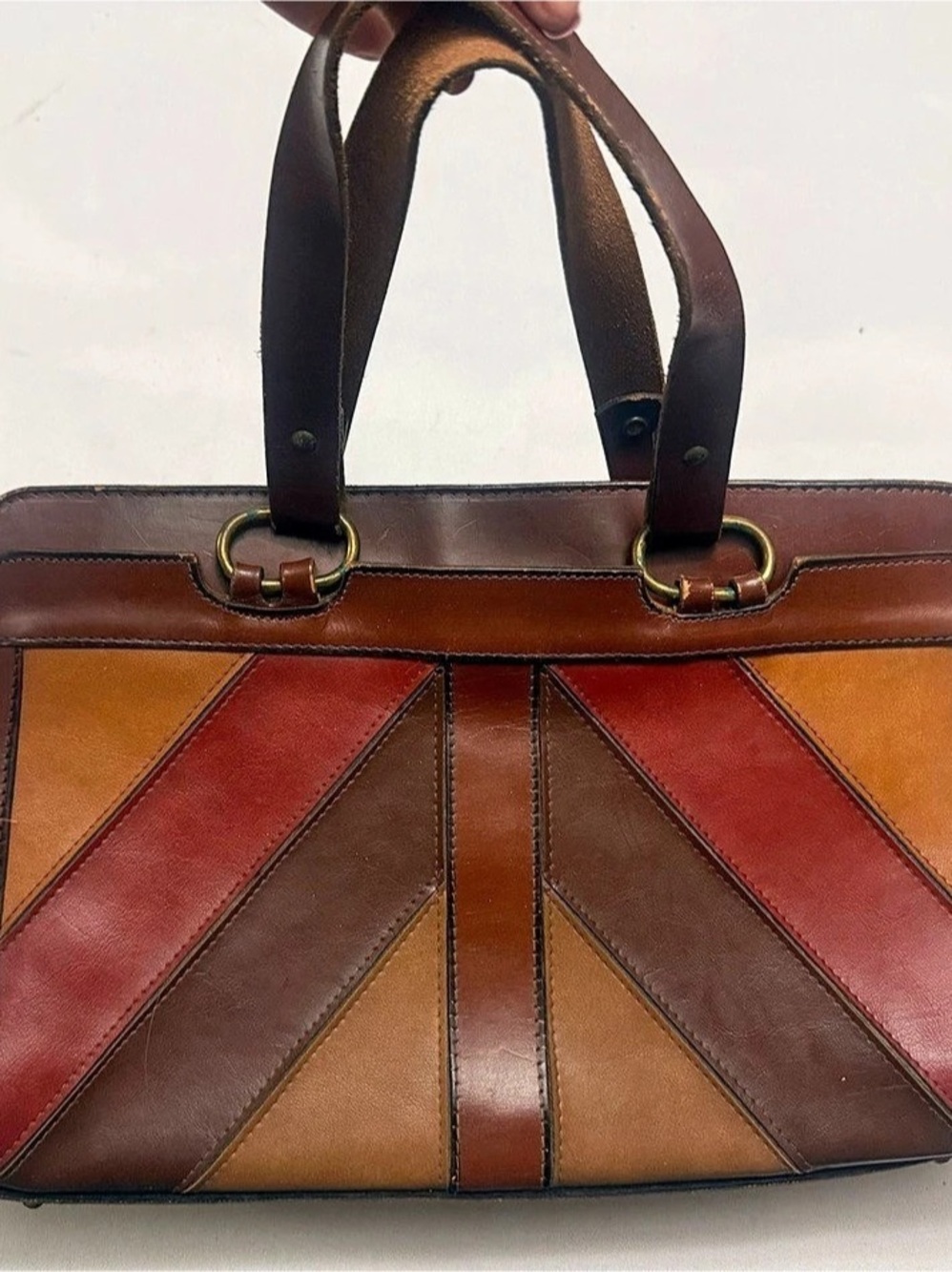 Vintage Burlington Genuine Leather Patchwork Handbag Brown Cognac Talon zipper 7